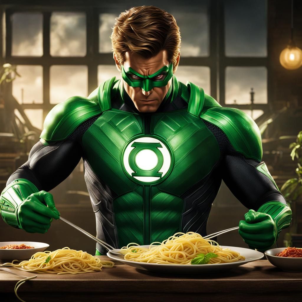 Green Lantern Eats Spaghetti: High Quality Render