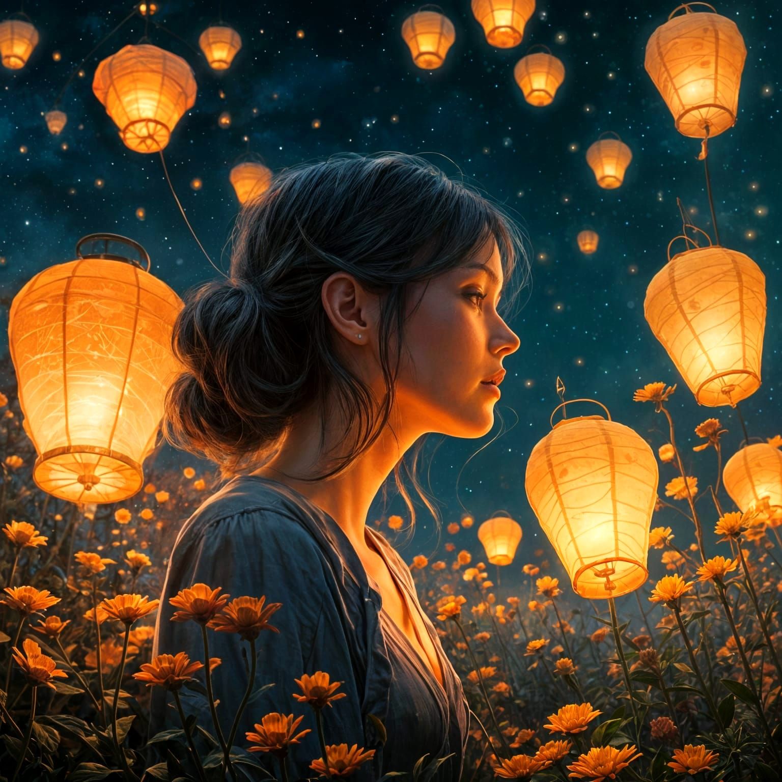 Vibrant Night Sky with Glowing Lanterns and Bioluminescent F...