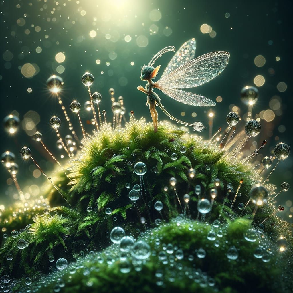 Macro Fairy on Mossy Rock Reflecting Morning Light