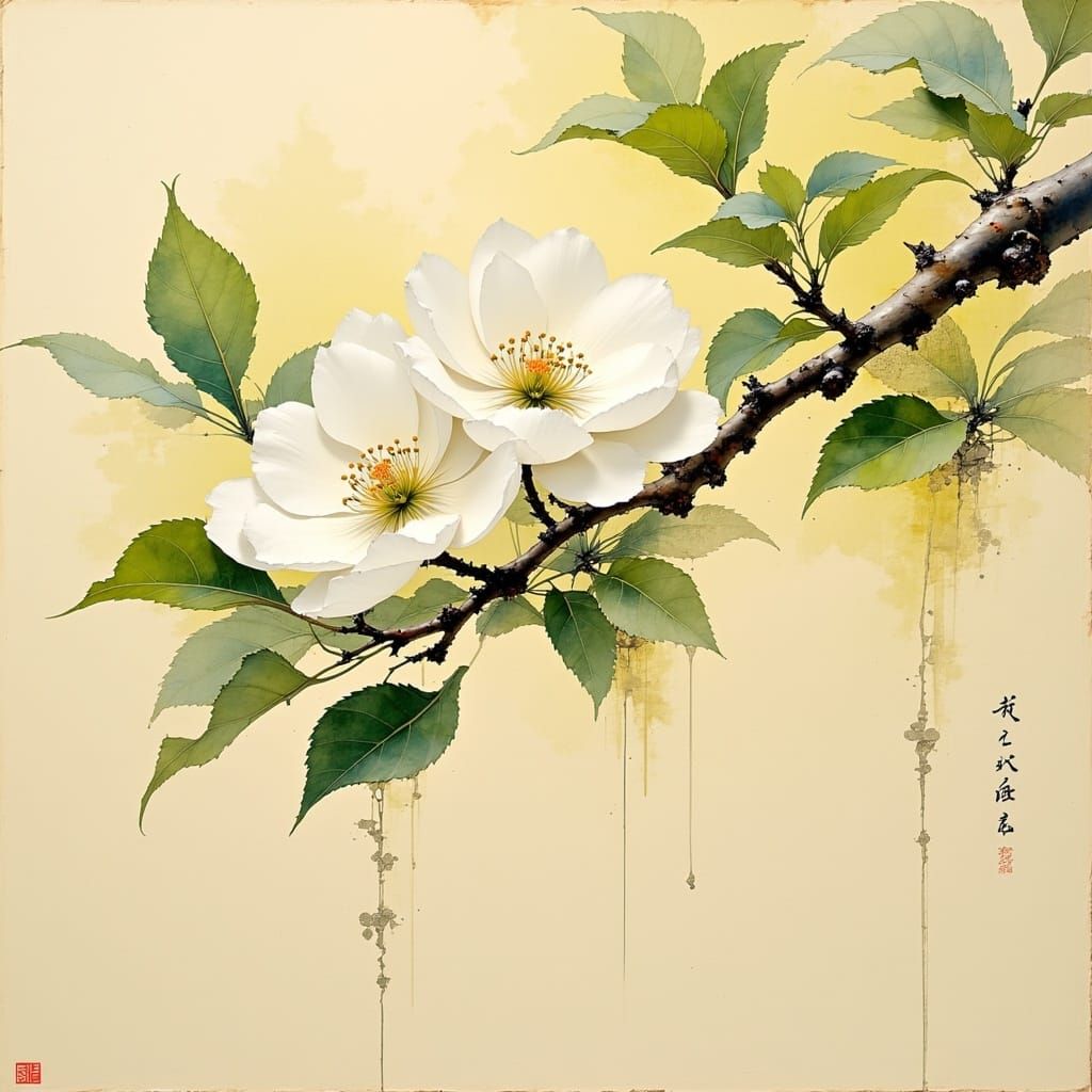 Japanese-Inspired Apple Blossom in Watercolor Style