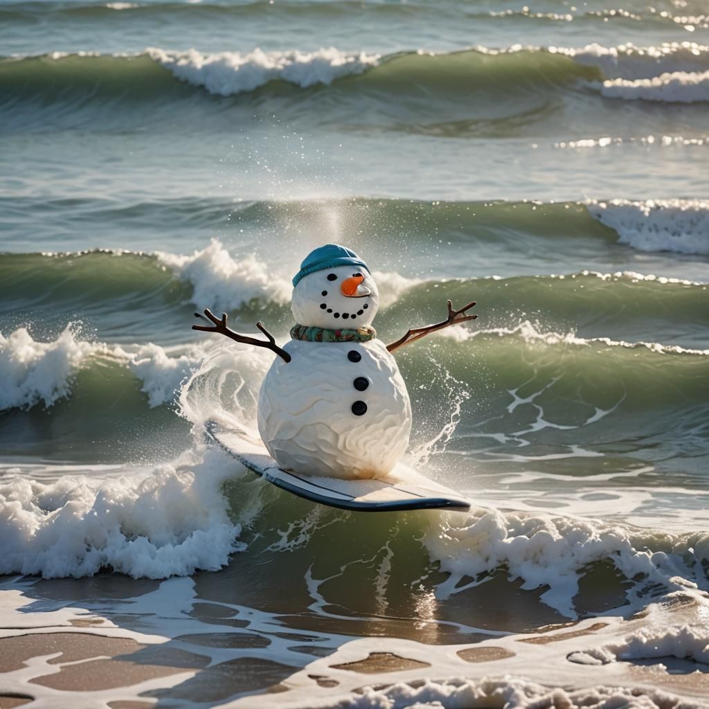 Snowman Surfing a Summer Wave