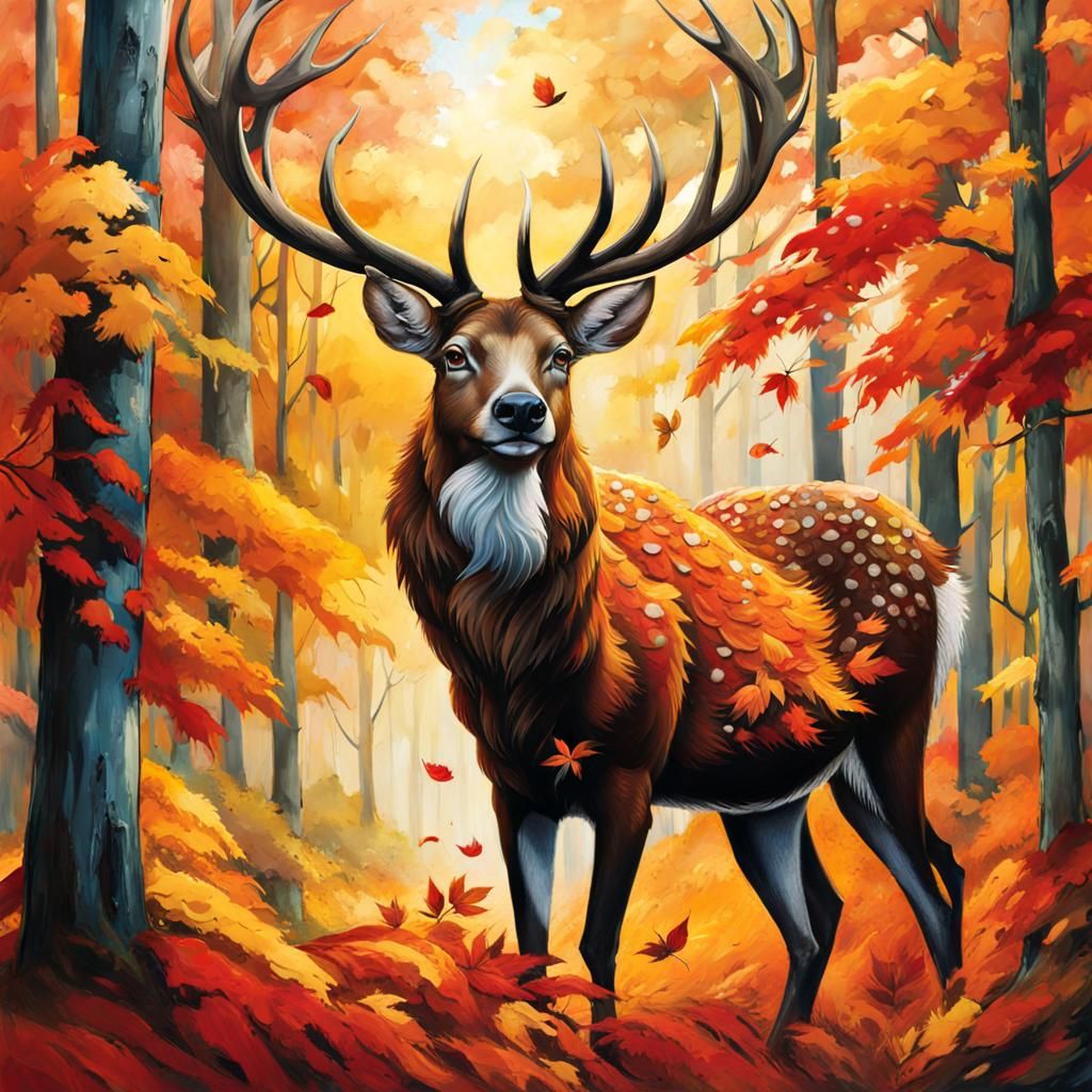 Autumn Deer in Forest: Digital Watercolor Illustration