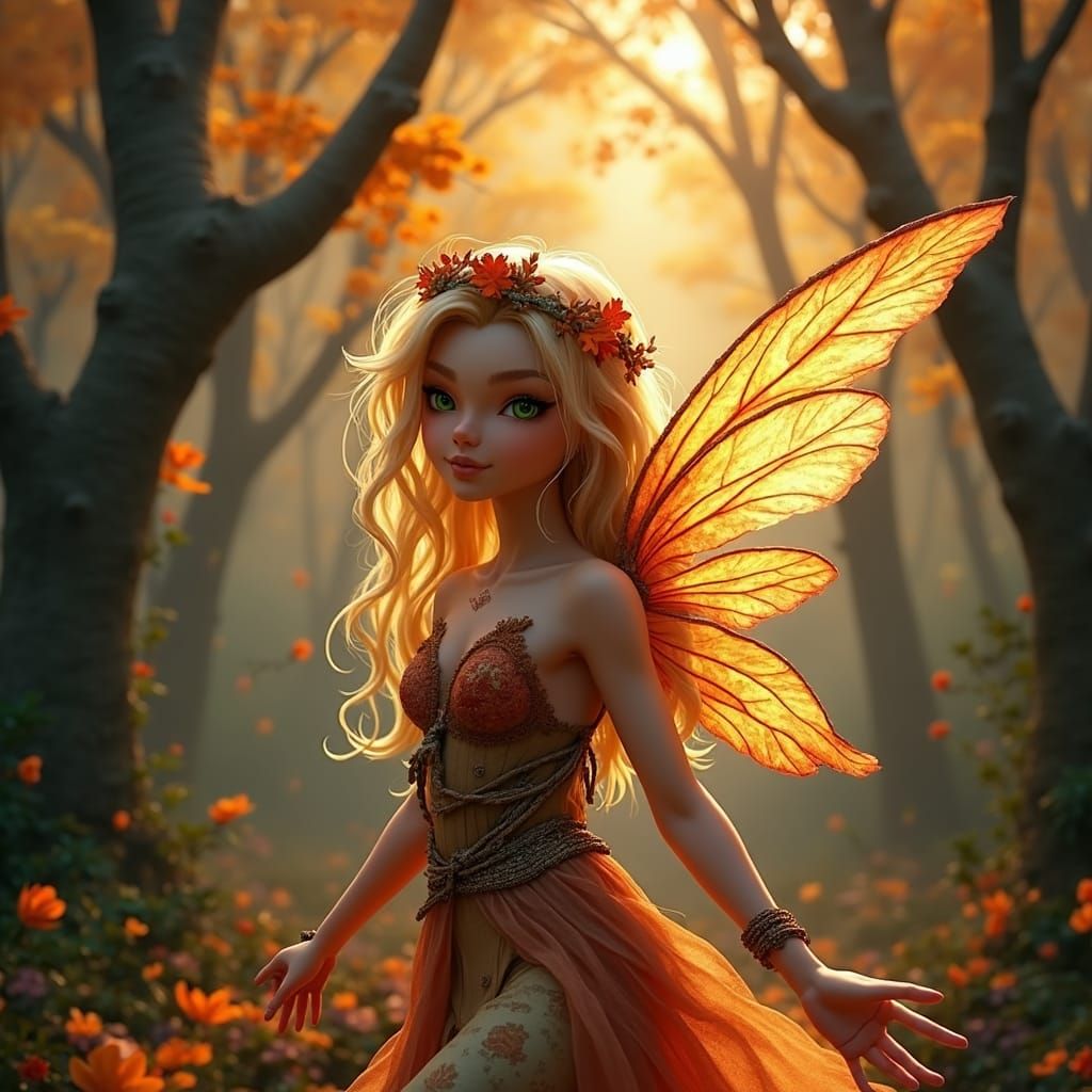 Hyperrealistic Autumn Fairy in Misty Forest