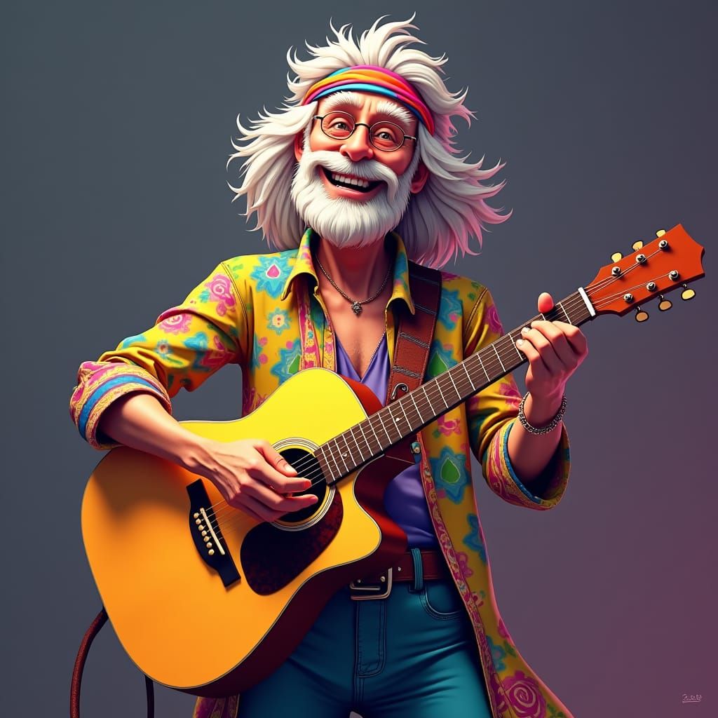 Smiling Hippie Man Playing Guitar, Anime Style
