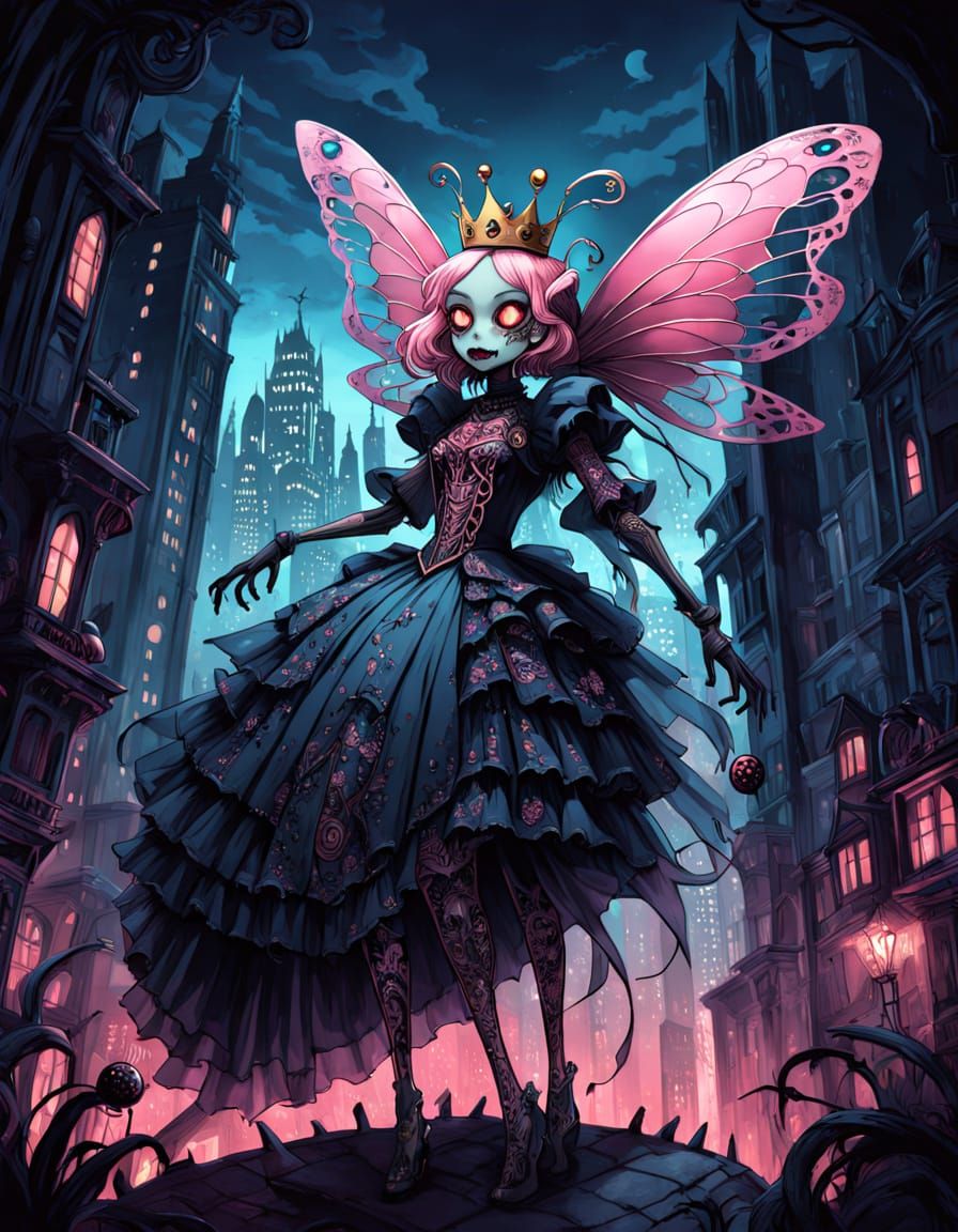 Dark Fantasy Anime Insect Girl in Twisted Cityscape