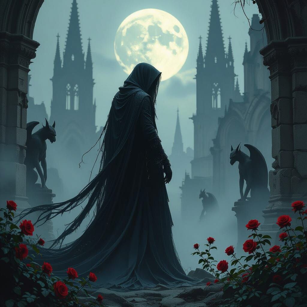 A spectral figure stands silhouetted against the ruins of a gothic cathedral, their ethereal form shimmering in the moon...