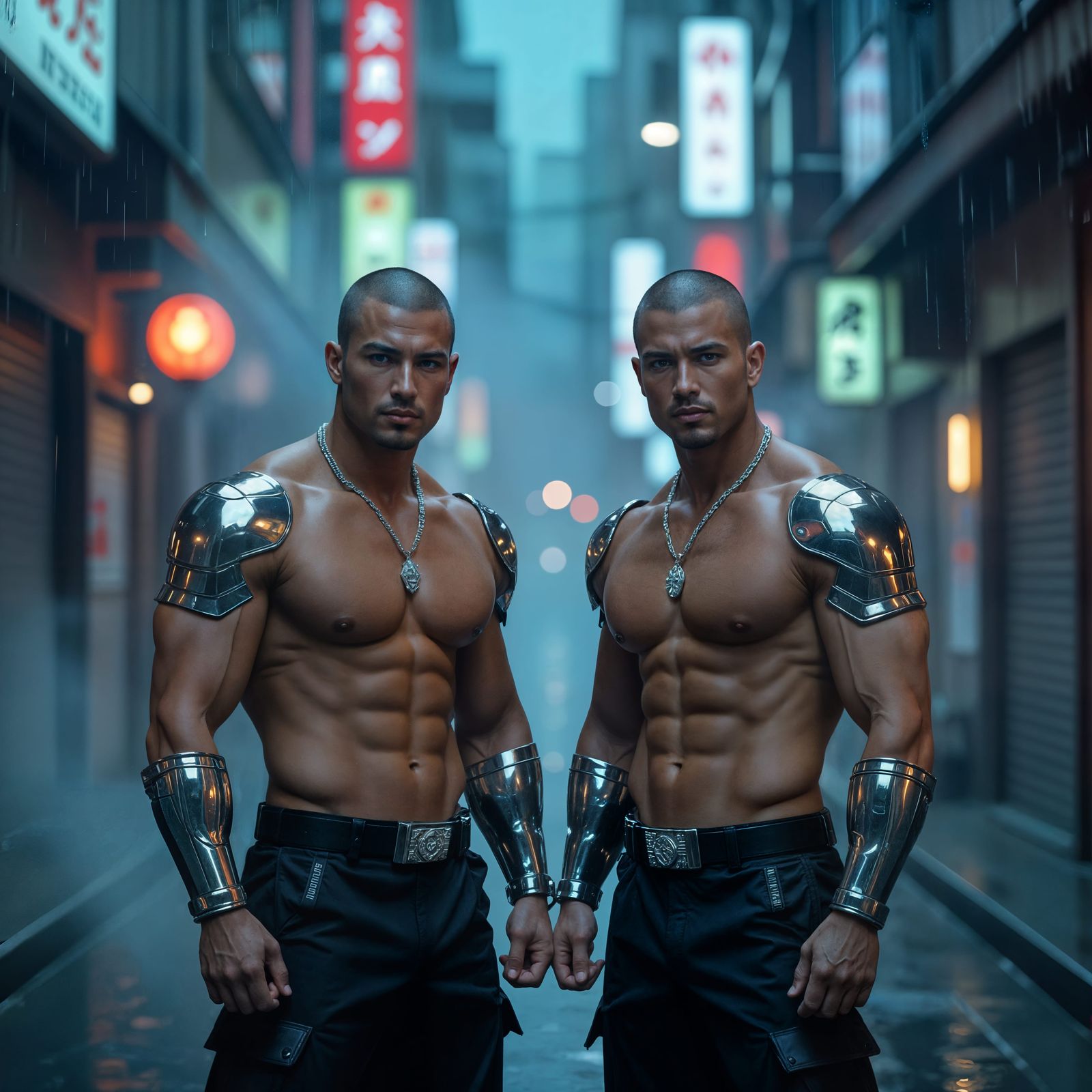 Chrome Warriors in Neo-Tokyo: Hyperrealistic Photograph