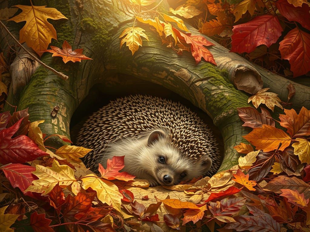 Hedgehog Cozy in Autumn Leaves Under Majestic Tree