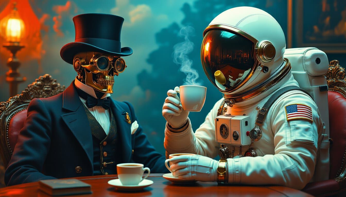Astronaut and Victorian Spy Share Coffee in Surreal Scene