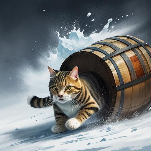 Tabby Cat's Snowy Barrel Ride Adventure