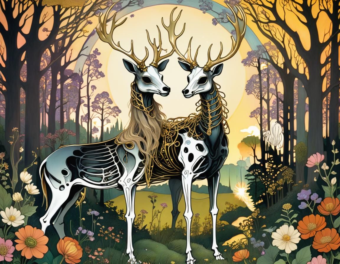 Skeleton Stag with Golden Halo in Forest Glade