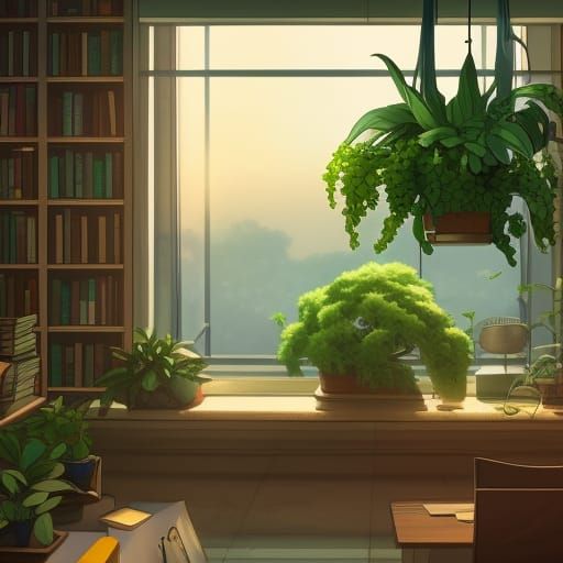 Cozy Library with Hanging Plants in Anime Style