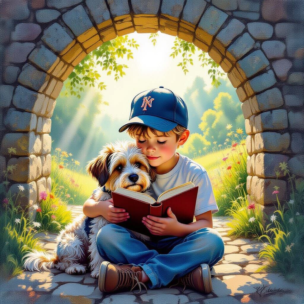 Boy and Dog in English Countryside Watercolor Style