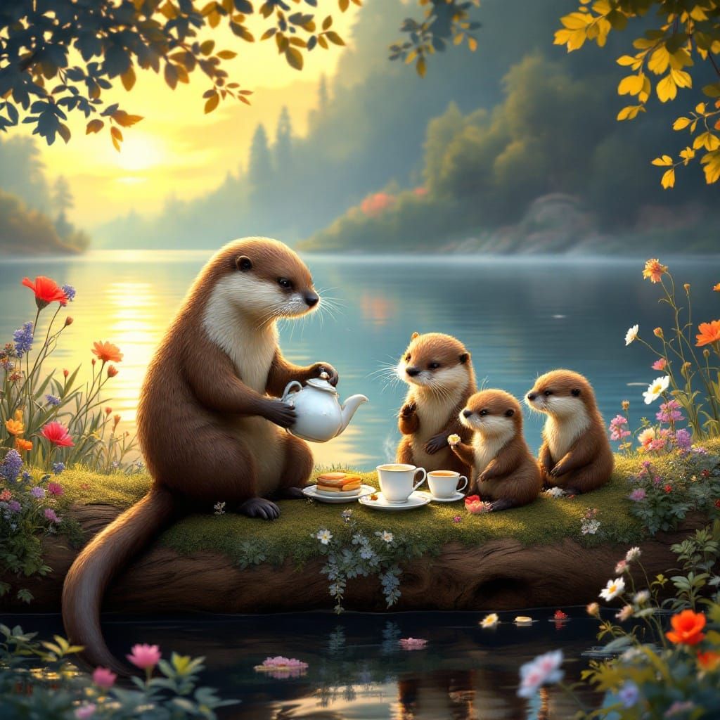 Whimsical Otter Picnic on a Floating Log at Sunset