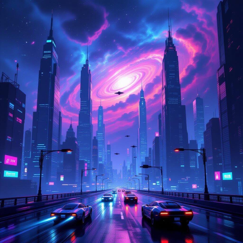 Neon Retro-Futuristic Cityscape with Nebula and Flying Cars