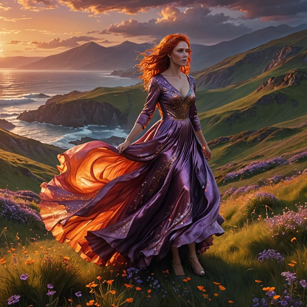 Woman with Red Hair Admiring Sunset, Fantasy Realism
