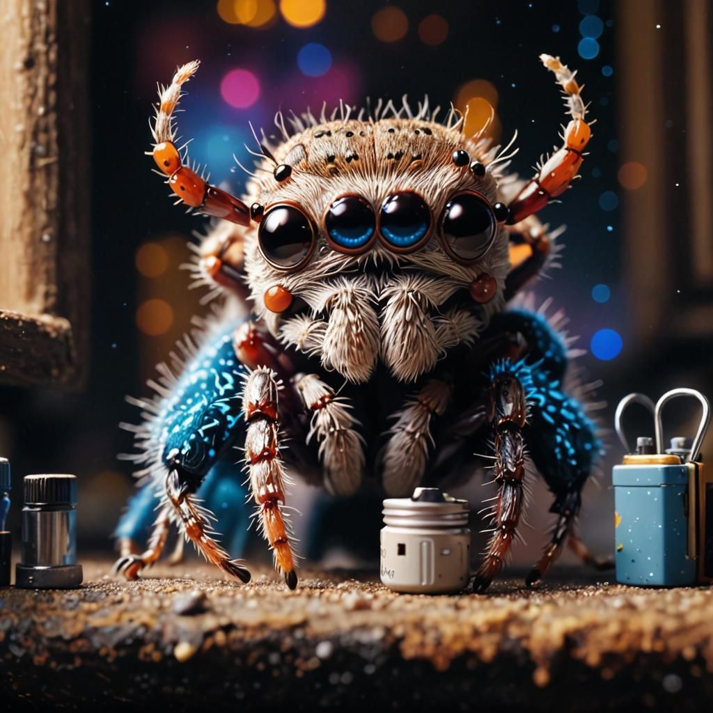 Macro Jumping Spider in Miniature Cityscape