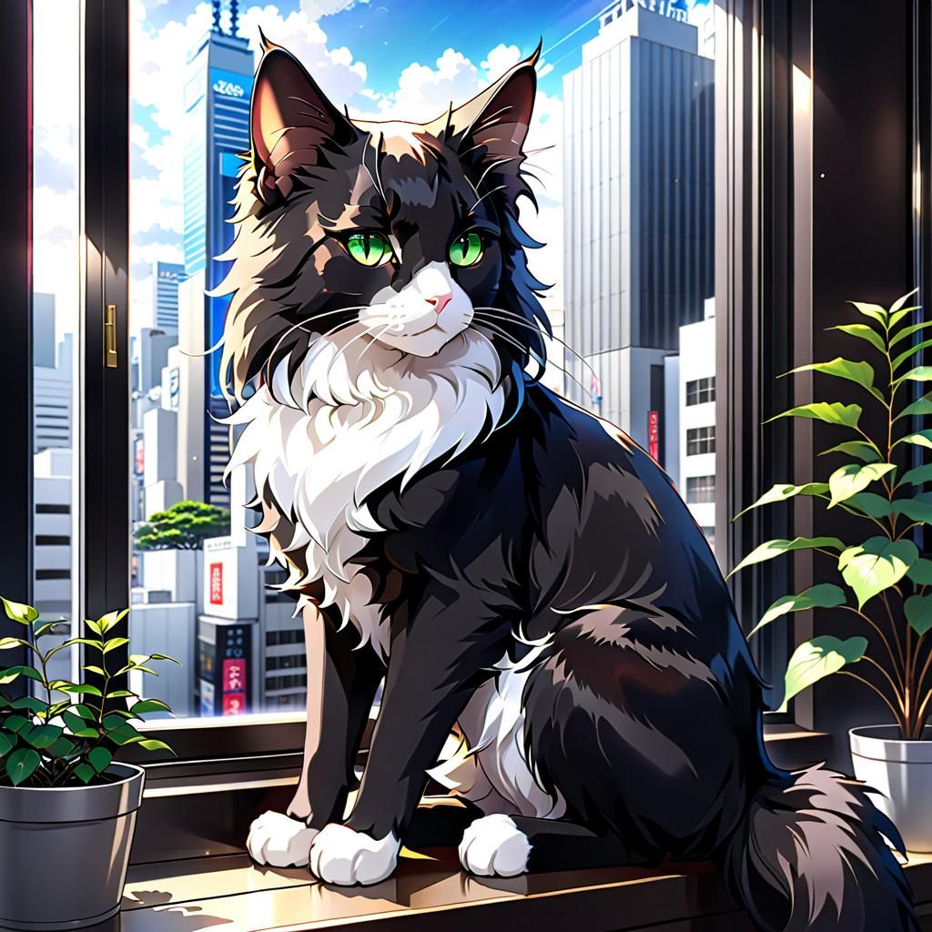 Anime Cat Overlooking Shibuya in Cel-Shaded Style