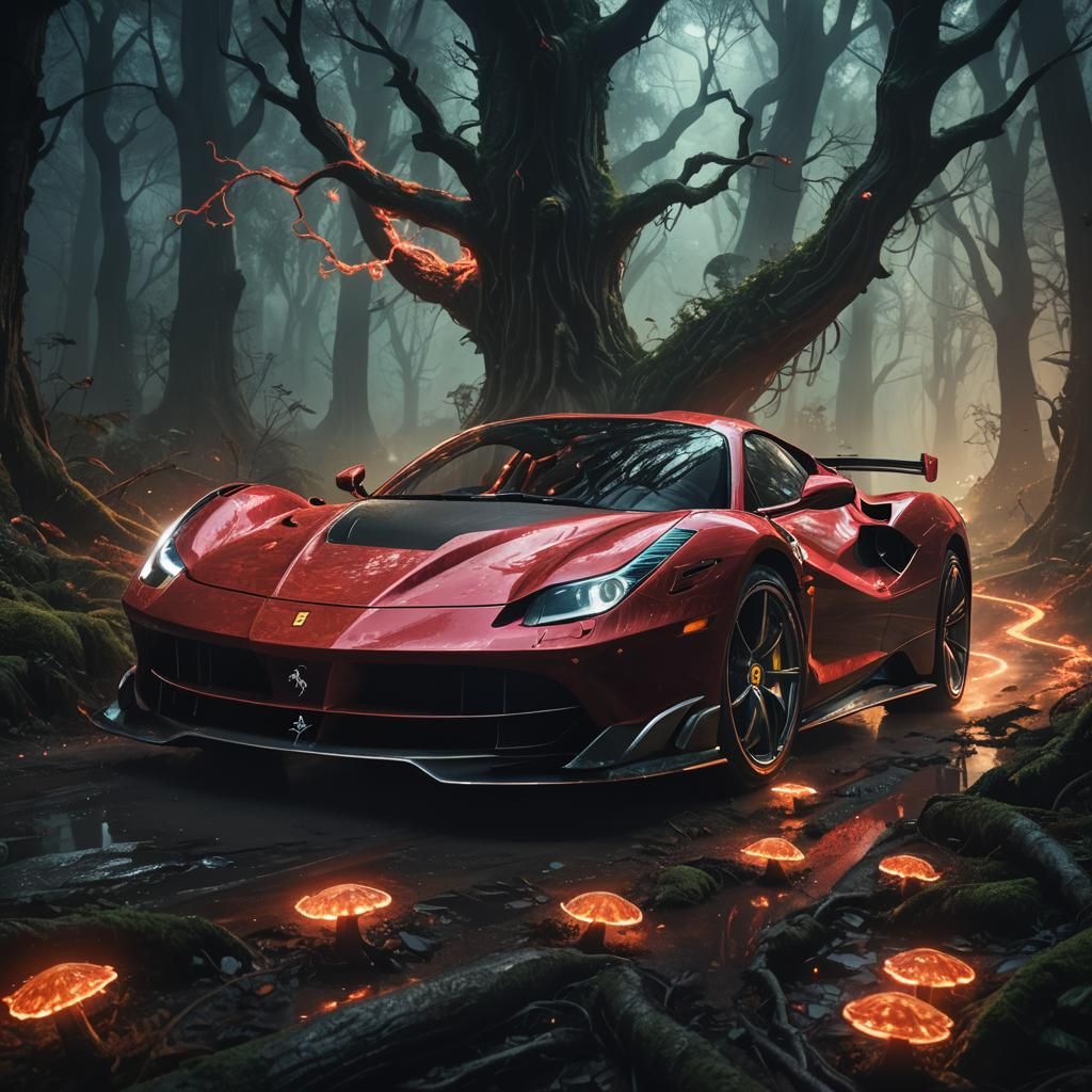 Futuristic Ferrari R1 in Mystical Forest