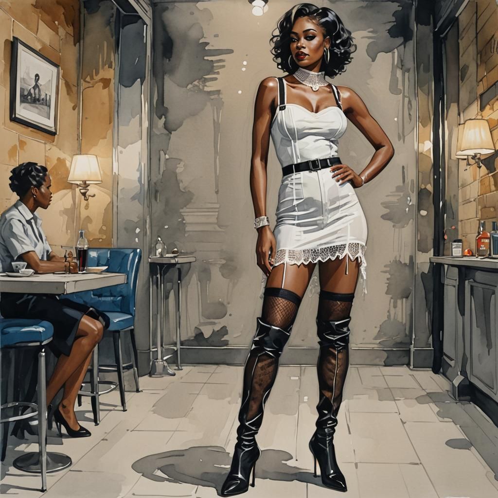 Woman in Fishnet Dress Gouache Painting