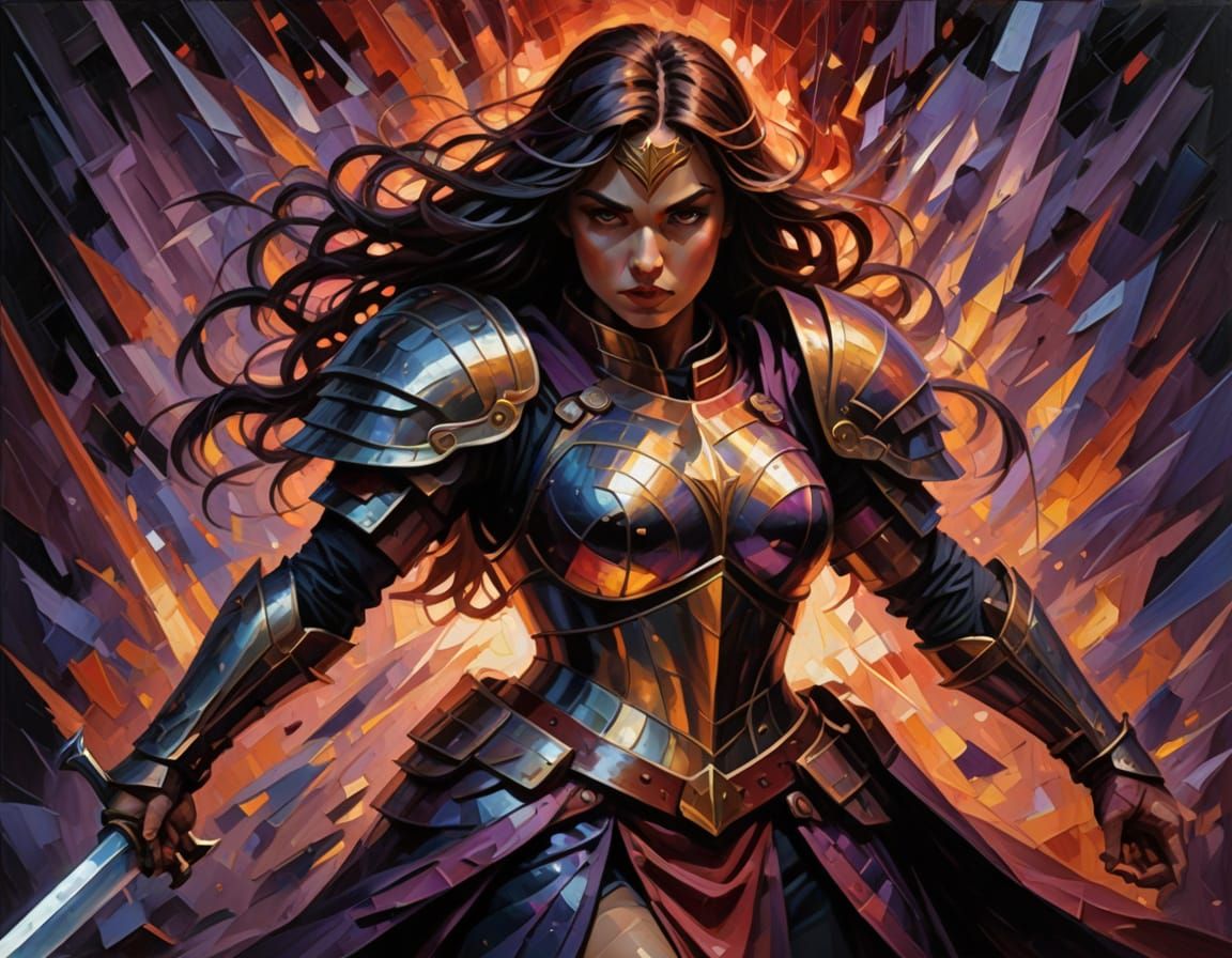 The Warrior of Freedom – A fierce, female warrior stands defiantly against a dark, ominous army, illuminated by magical ...