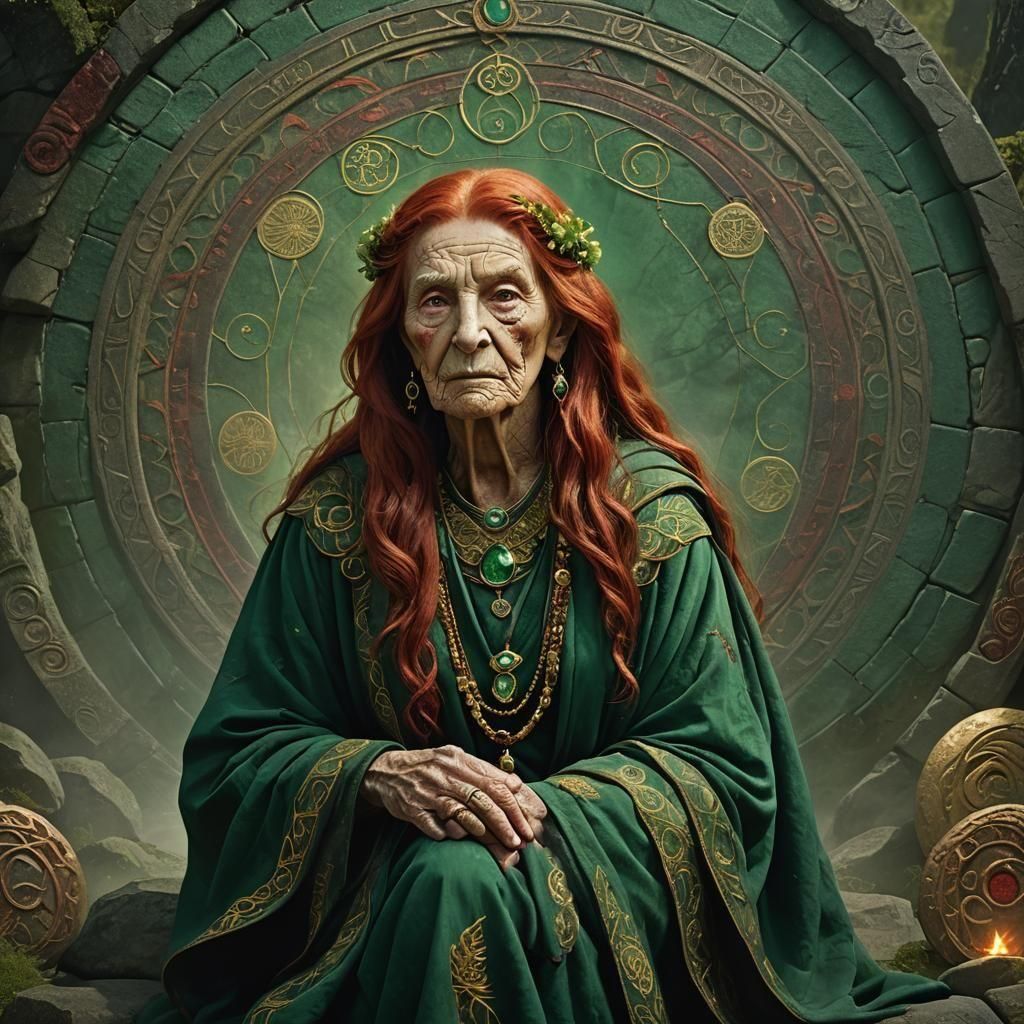 Elegant Goddess Cliodhna in Embroidered Green Robes