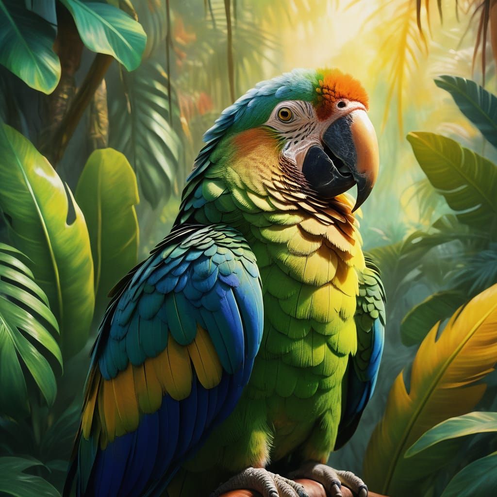 Exotic Parrot in Jungle, Vibrant Oil Painting
