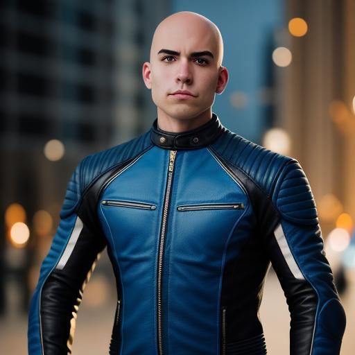Handsome Biker in Blue and Black Leather Suit