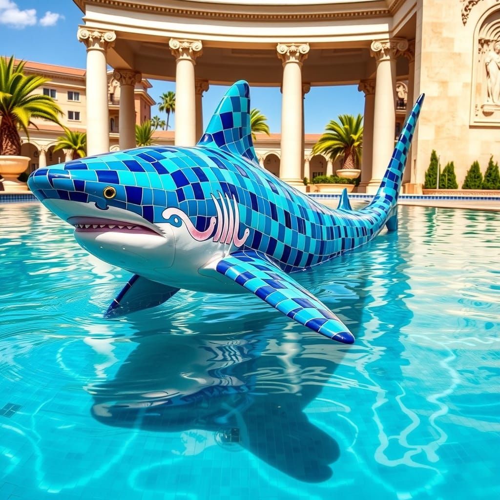 Ceramic Tile Shark Glides Through Swimming Pool