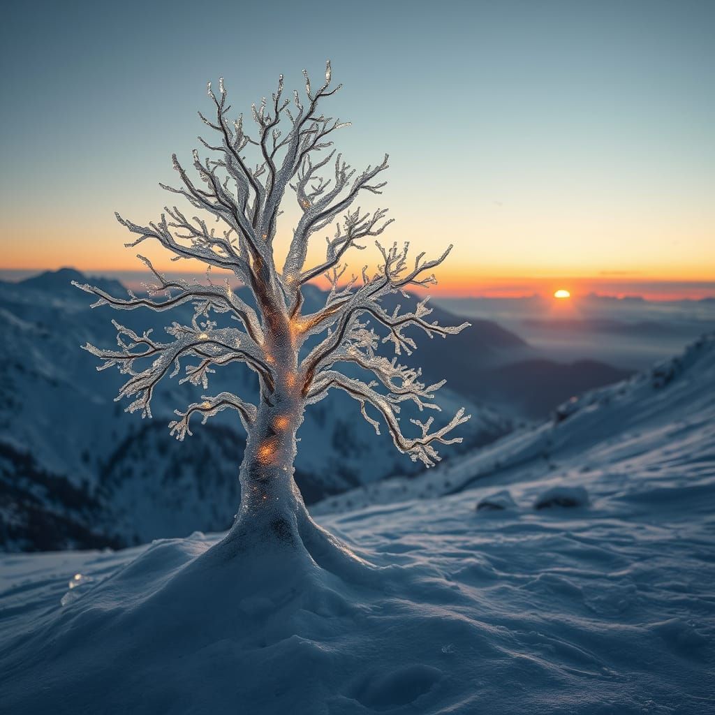Crystal Tree Illuminated on Icy Mountain Peak at Dusk