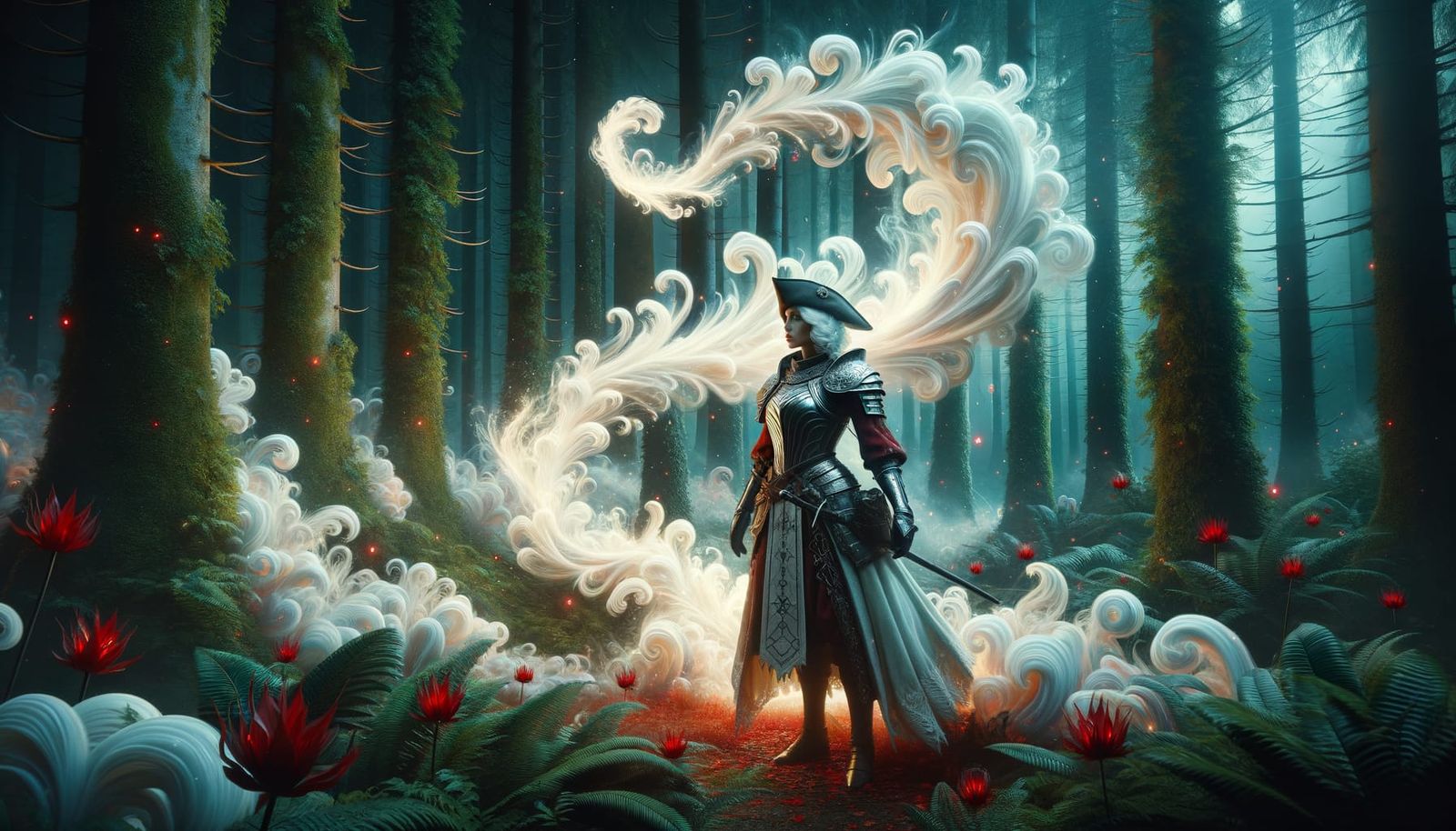 Warrior Woman Engulfed in Ethereal Flames in Fantasy Forest