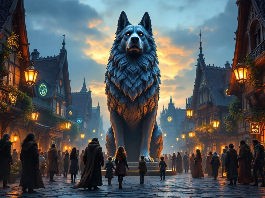 Dog Statue in Village Square, Detailed Matte Painting