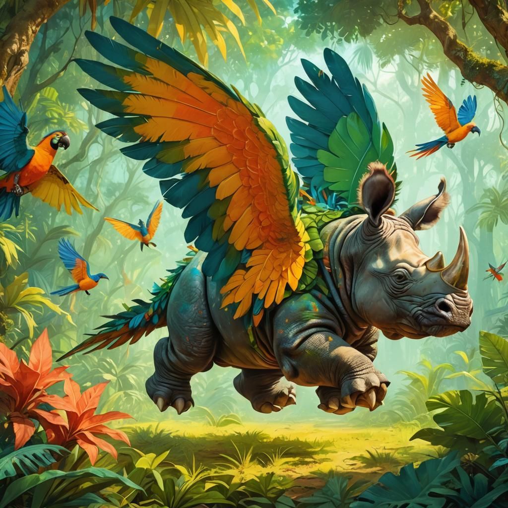 create the image of the whimsical rhinoceros-parrot hybrid r...