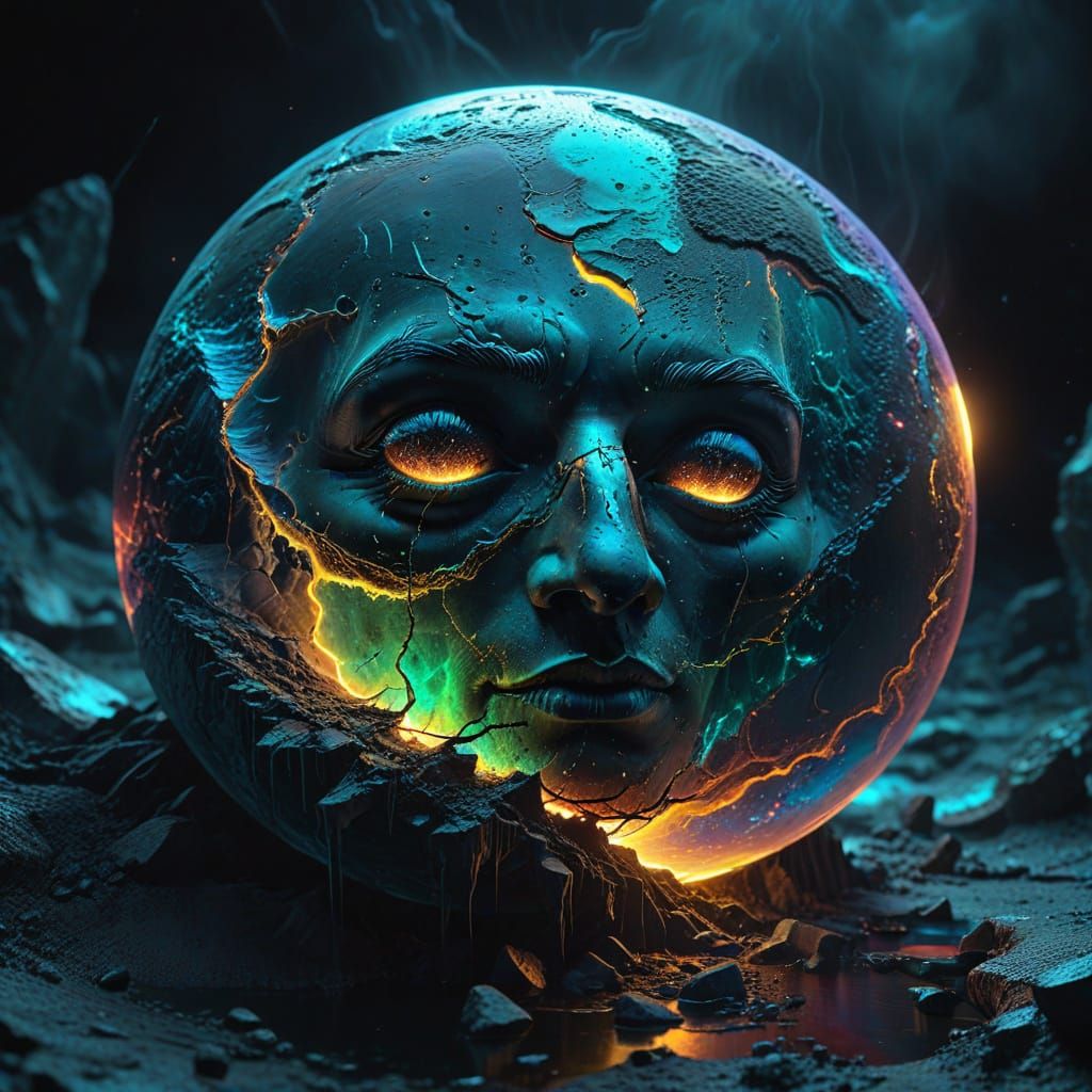 Surreal, Glowing Moon with Acidic Surface in Neon Colors
