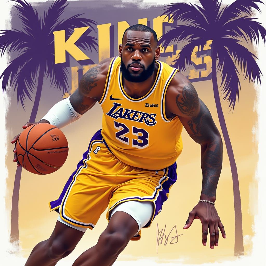 LeBron James Jumps with Basketball in Lakers Colors