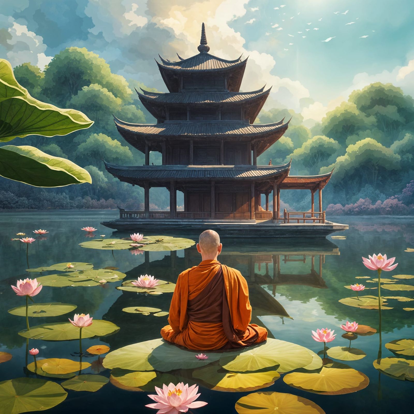 Monk Meditating on Lotus Leaf in Serene Lake