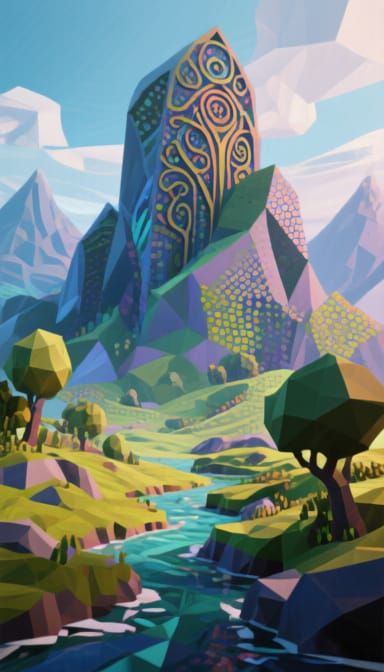 Mysterious Fantasy Landscape in Cubist Neo-Primitivist Style