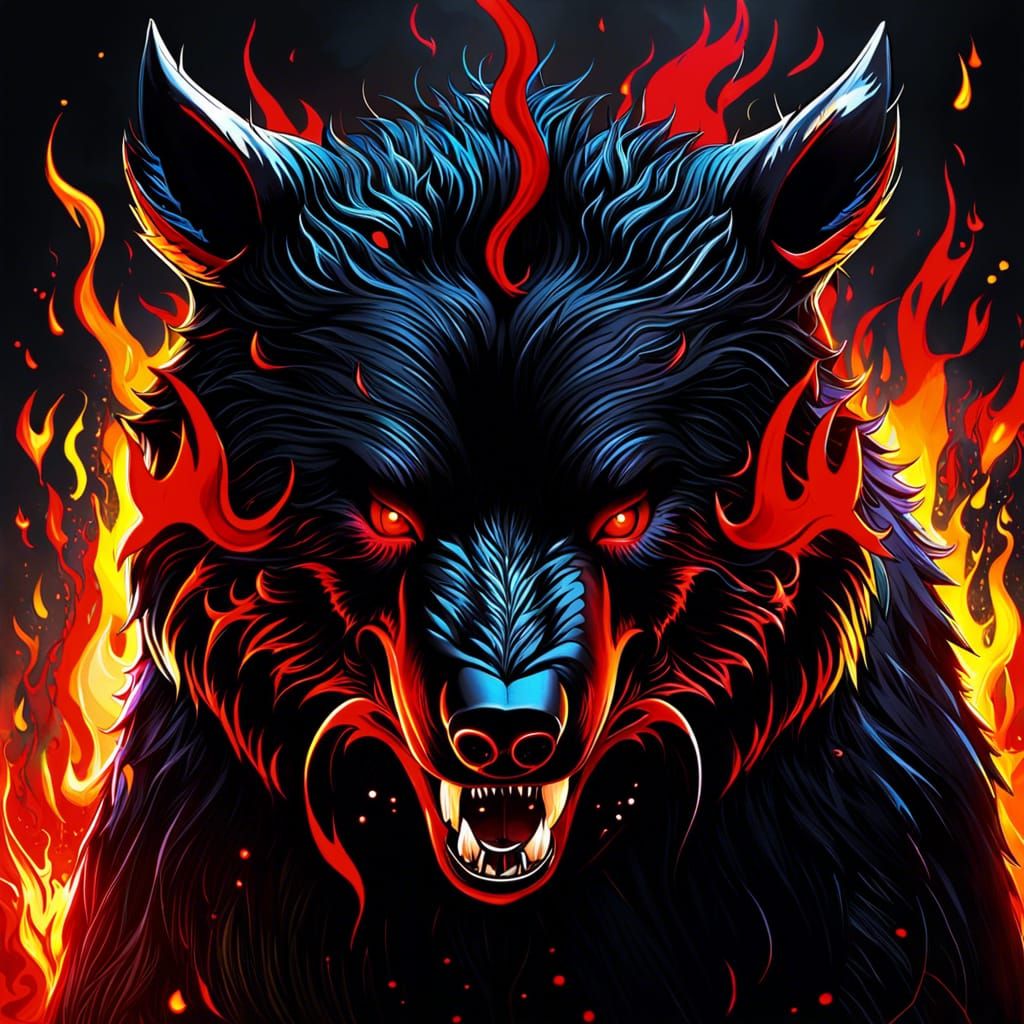 Demonic Black Bear with Fiery Fur in Anime Style