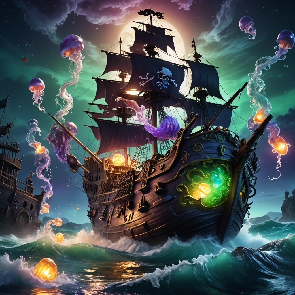 Pirate Ship Shaken by Waves with Jellyfish