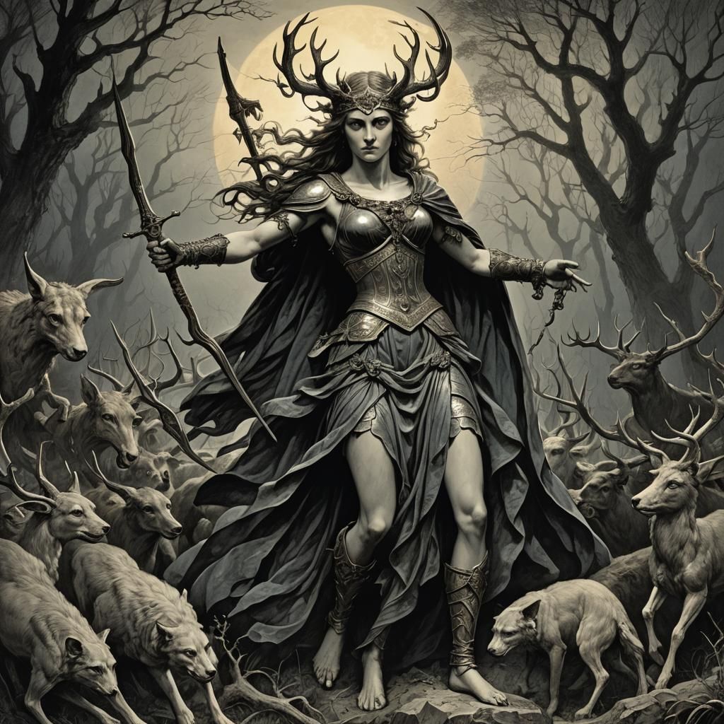 Goddess Artemis: Dark Fantasy Illustration