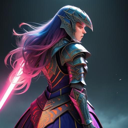 Girl in Armor Outfit with Colorful Detailed Background