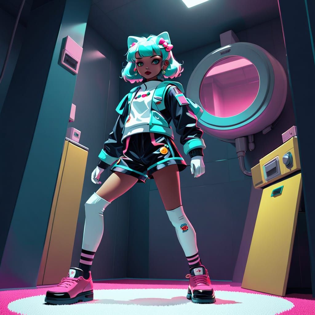 Retrofuturistic Woman in Store, Nikolai Lockertsen Style