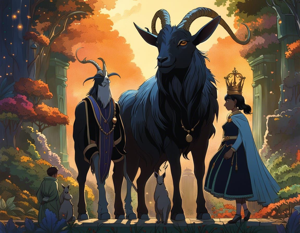 Black Goat with King and Queen: Ghibli-Style Illustration