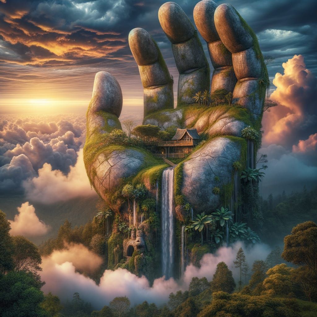 Giant Stone Hand with Ecosystem and Waterfall at Sunset