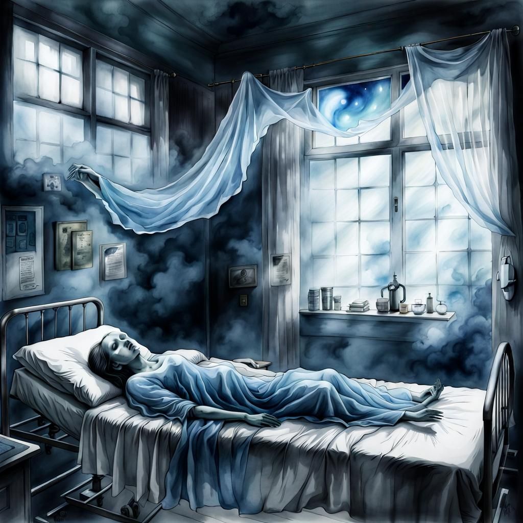 Ethereal Ghost Floats Over Dying Body: Watercolour Painting