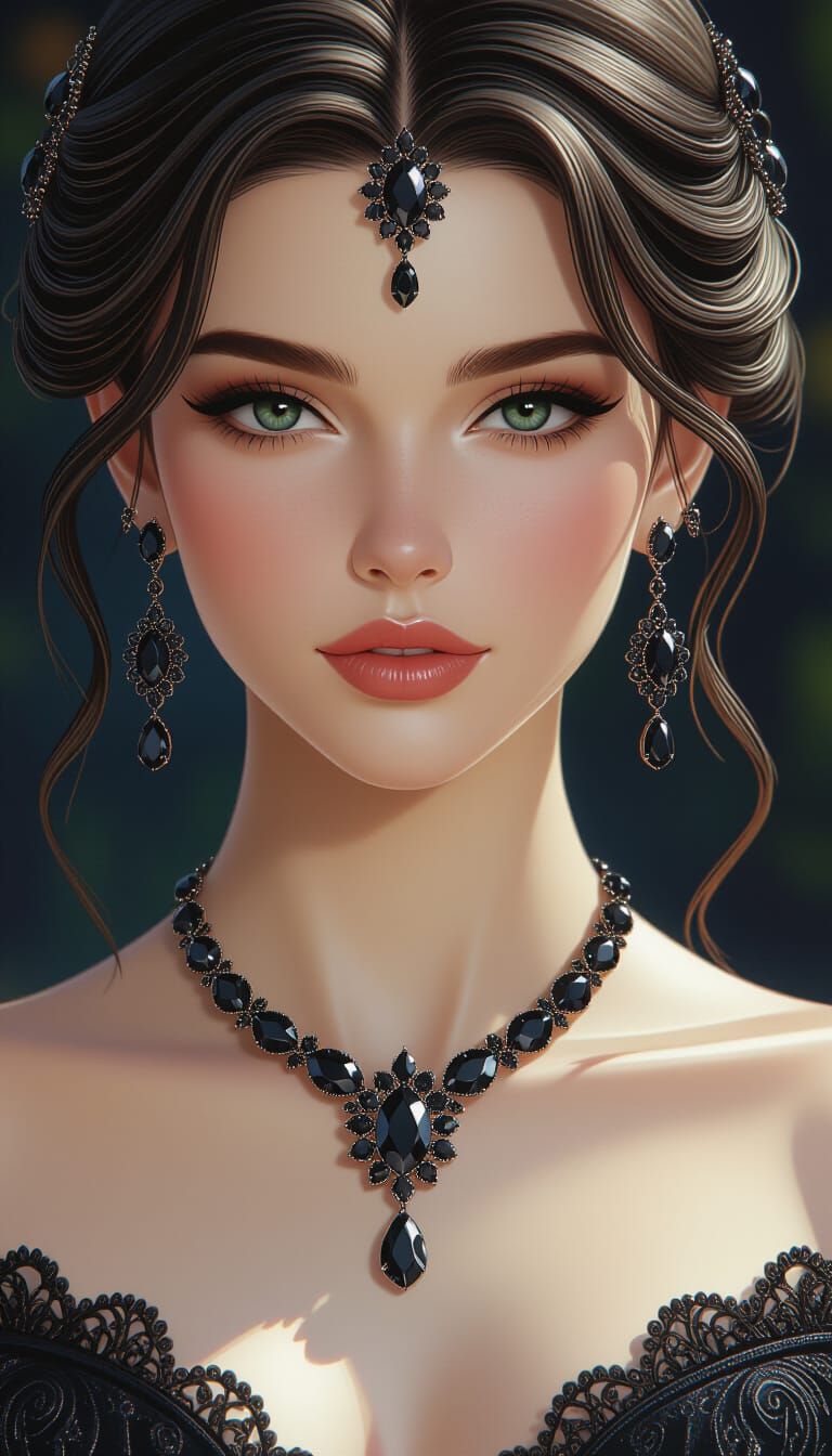 Elegant Black Diamond Jewelry Set: Detailed Matte Painting