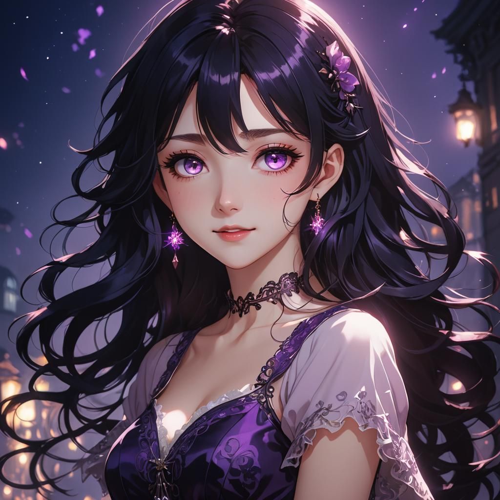 Anime Girl in Violet Dress Under Moonlight