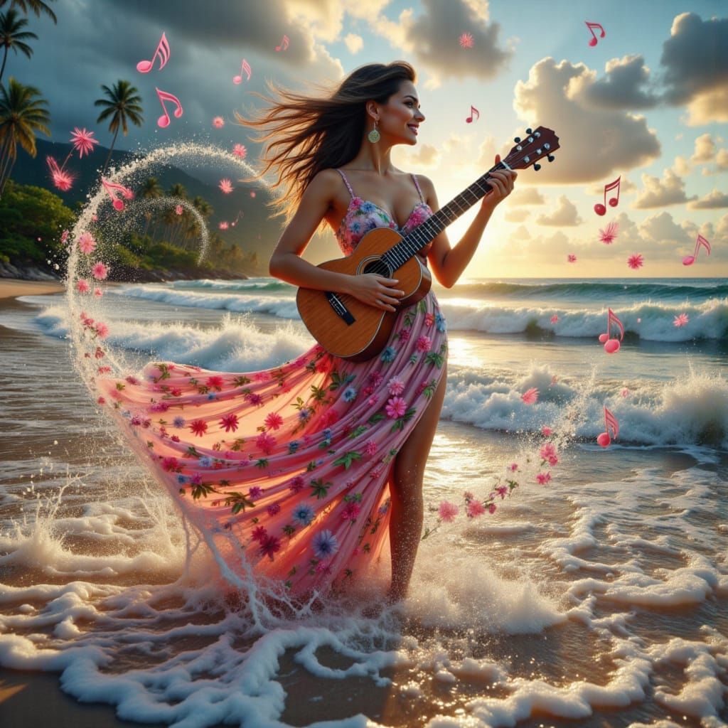 Hyper-Realistic Hawaiian Ukulele Goddess
