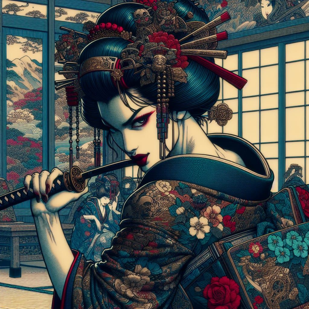 Rebellious Geisha in Ukiyo-e Style