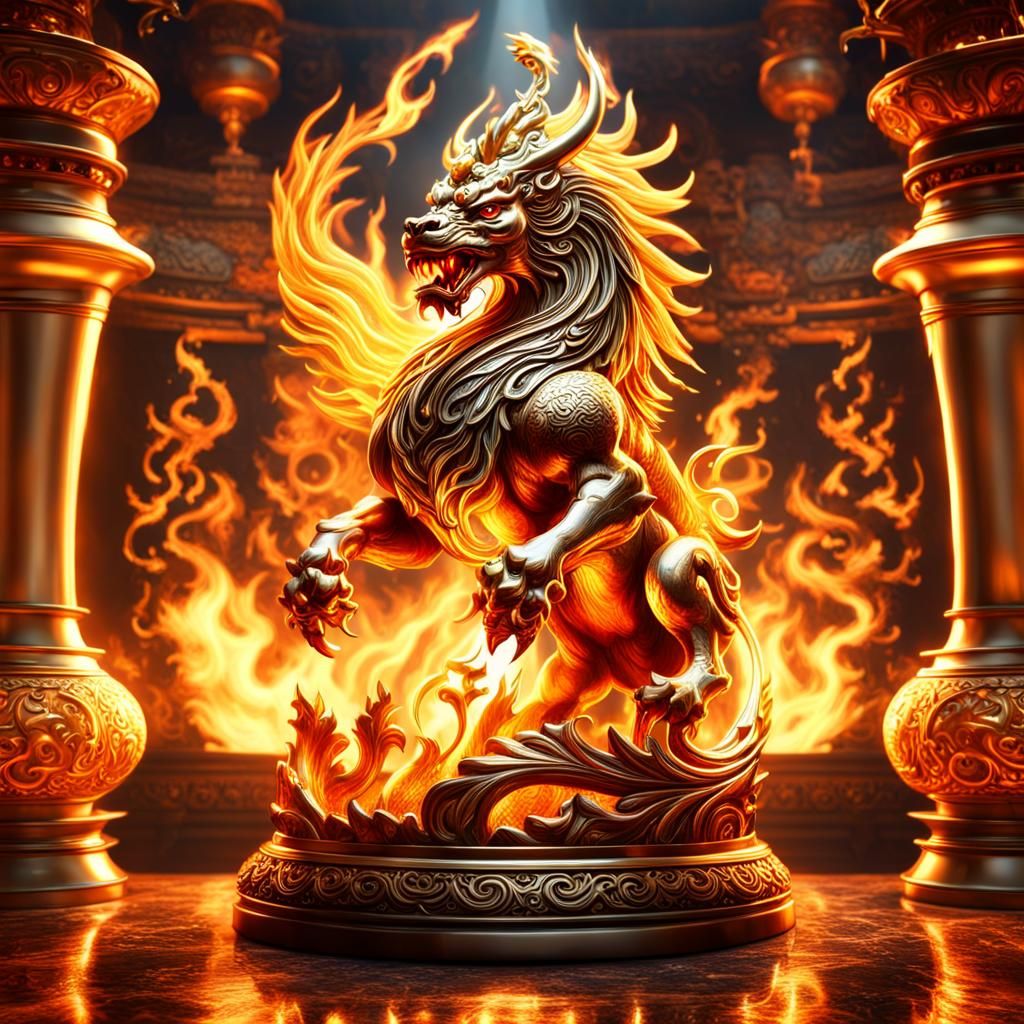 Inside a lava lamp, a golden feathered Chinese mythical beast Qilin rises up from calligraphic fire , intricate hyper de...